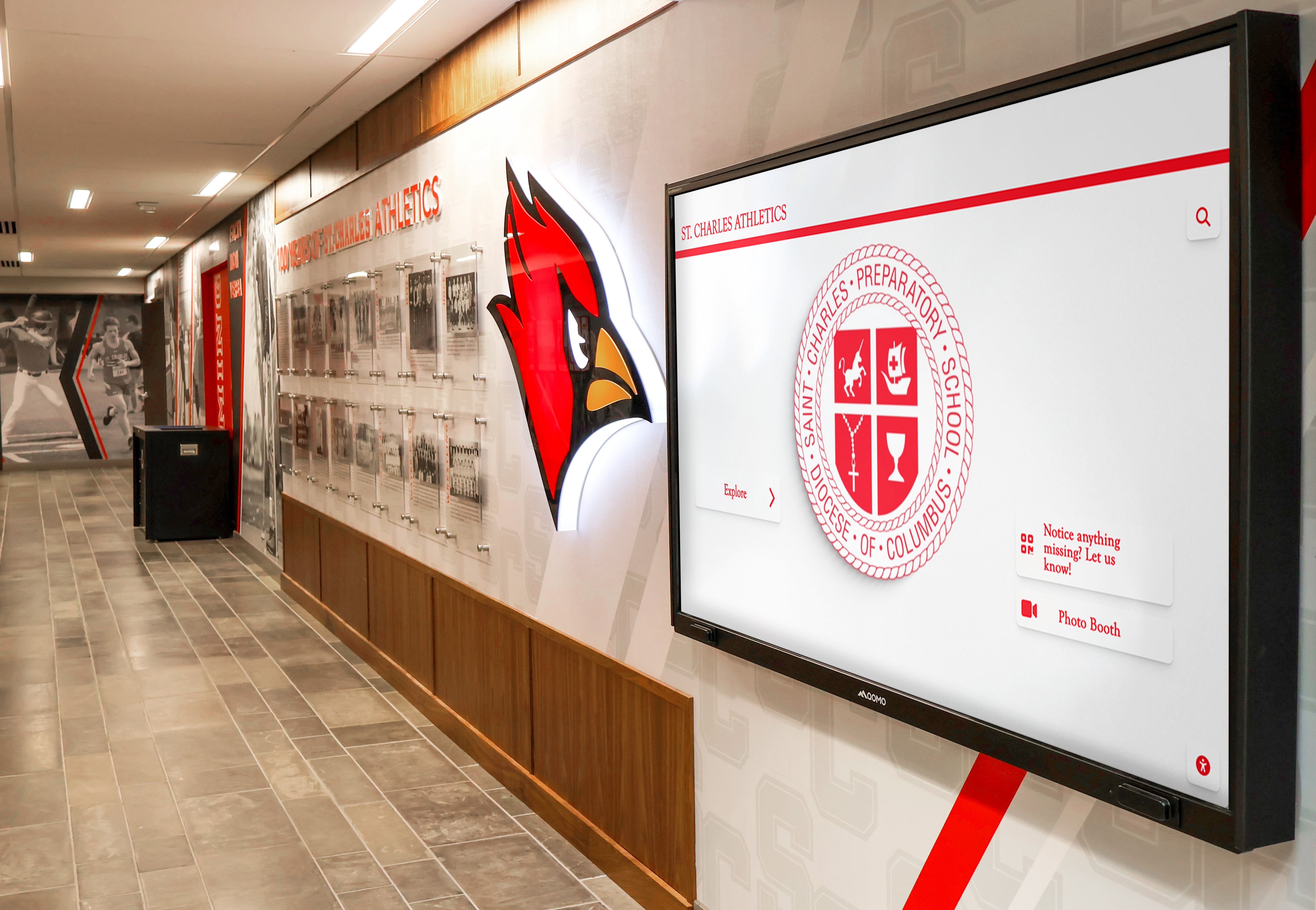 St. Charles athletics hallway with digital display