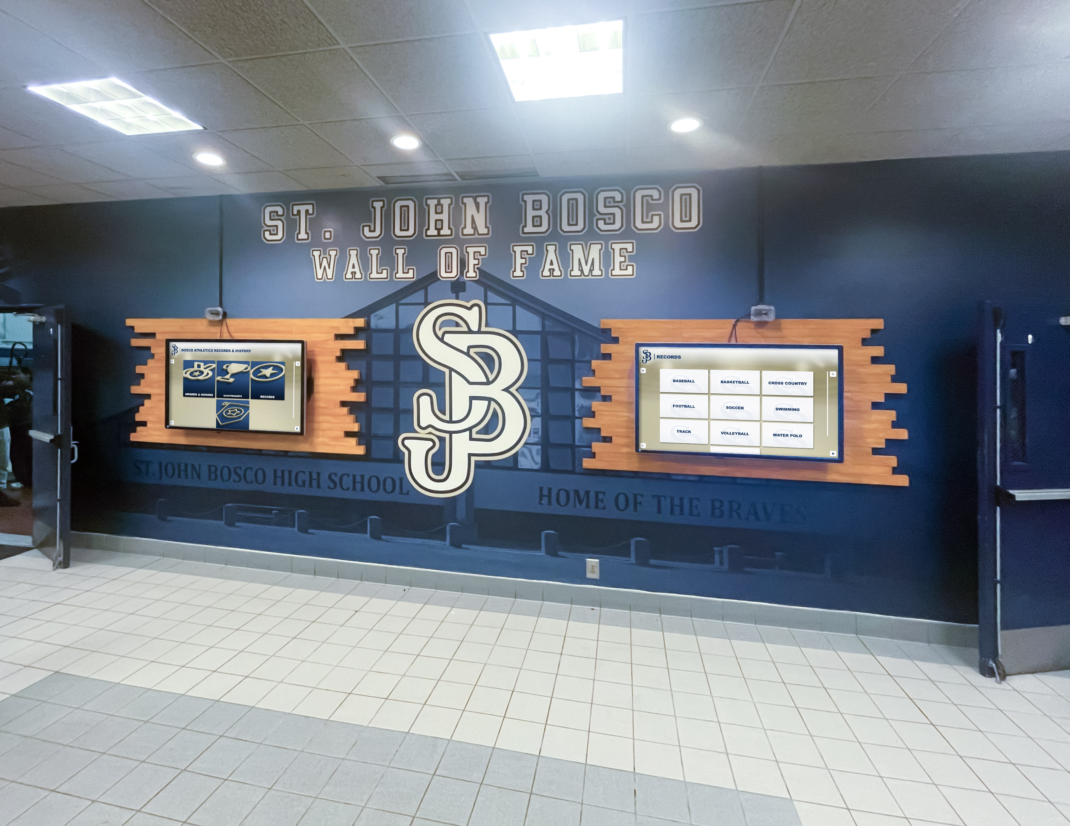 St. John Bosco wall of fame two digital screens in hallway