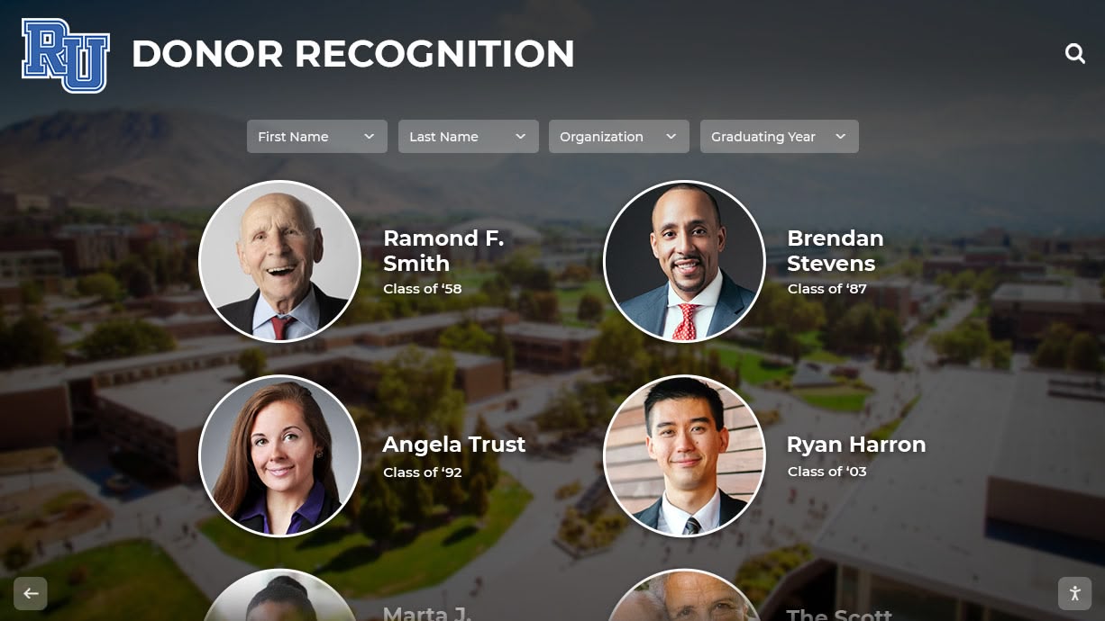 Modern digital donor recognition display with alumni portraits University donor recognition wall